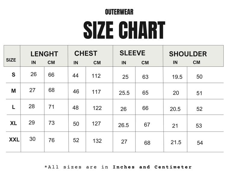 May include: A size chart for outerwear, with measurements in inches and centimeters. The chart includes sizes S to XXL, detailing length, chest, sleeve, and shoulder dimensions. The text "OUTERWEAR SIZE CHART" is at the top.