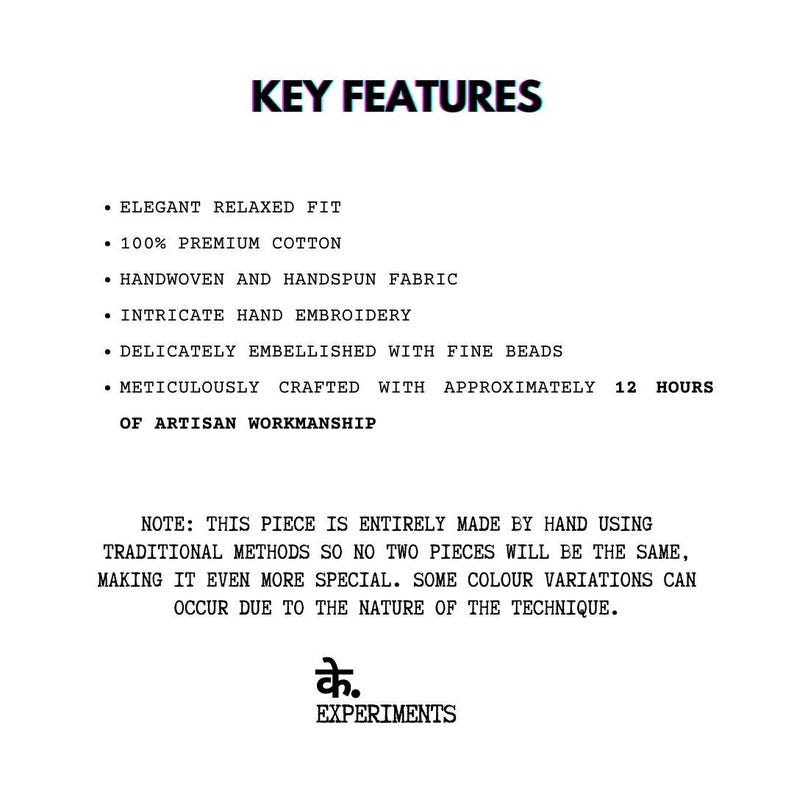 May include: Text graphic with the words "KEY FEATURES" at the top. Bullet points describe the product's features: elegant relaxed fit, 100% premium cotton, handwoven fabric, hand embroidery, fine beads, and artisan craftsmanship. The text also notes that each piece is handmade.