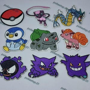 May include: A selection of embroidered Pokémon character patches. The patches depict a Pokéball, Mew, Gyarados, Piplup, Bulbasaur, Vulpix, Gastly, Haunter, and Gengar. Each patch is brightly coloured and features detailed stitching.