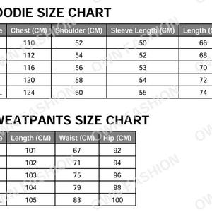 Puede incluir: Una tabla de tallas para sudaderas con capucha y pantalones de ch&aacute;ndal, con medidas en cent&iacute;metros. La tabla de sudaderas con capucha incluye medidas de pecho, hombros, largo de manga y largo. La tabla de pantalones de ch&aacute;ndal muestra largo, cintura y cadera.