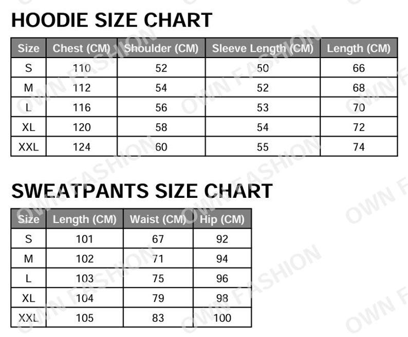 Puede incluir: Una tabla de tallas para sudaderas con capucha y pantalones de ch&aacute;ndal, con medidas en cent&iacute;metros. La tabla de sudaderas con capucha incluye medidas de pecho, hombros, largo de manga y largo. La tabla de pantalones de ch&aacute;ndal muestra largo, cintura y cadera.