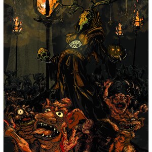 May include: A dark, stylized illustration featuring a robed figure with antlers, holding a skull and a pumpkin. Below, several grotesque goblin-like creatures are depicted. The image has a Halloween theme with a fiery eye and torches.