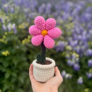 Könnte beinhalten: Eine handgefertigte Häkelblume in einem kleinen Topf. Die Blume hat große rosa Blütenblätter mit einer gelben Mitte. Der Stiel ist grün und der Topf ist hellbeige. Der Hintergrund ist verschwommen mit lila Blumen.