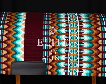 Elite western show blanket dark red base white dark aqua fawn combination custom saddle pad Western Show Pad Saddle elite show pad