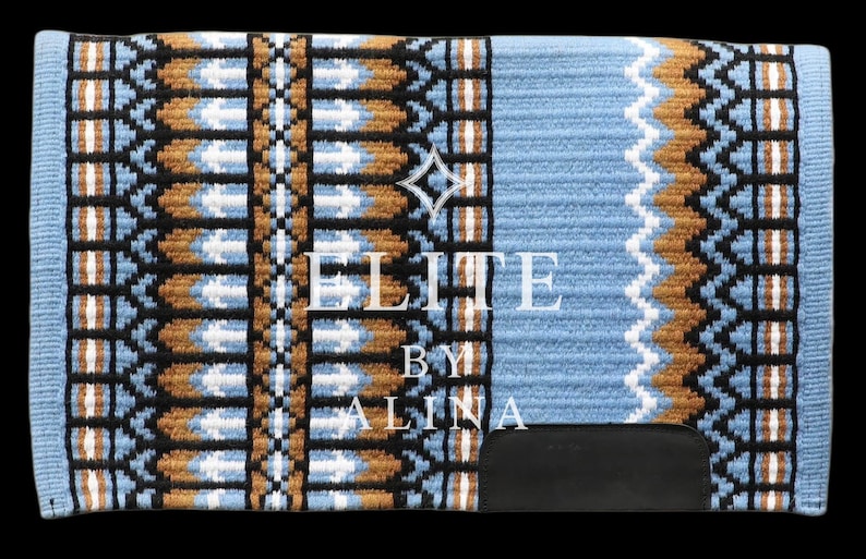 May include: A rectangular horse saddle pad with a light blue background and a geometric pattern in black, brown, and white. The text "ELITE BY ALINA" is displayed in white. A black leather piece is attached to the bottom.