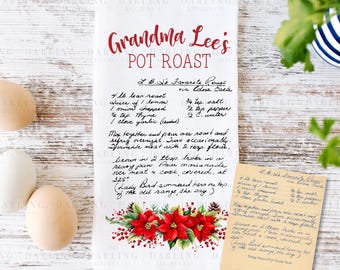 Christmas Recipe Tea Towel in Linen or Flour Sack, Handwritten Recipe Tea Towel, Custom Recipe Tea Towel, Unique Gift Ideas for Women