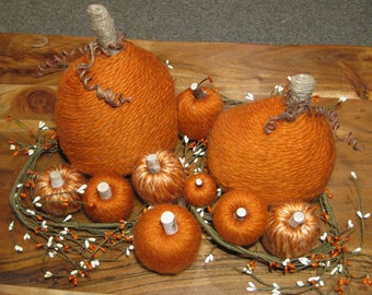 Pumpkin fall decor,yarn-wrapped pumpkins, centerpiece, Thanksgiving place card idea, gift, Large pumpkins, mini pumpkins, tiered tray decor