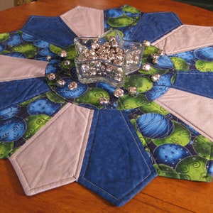 CLEARANCE Xmas Quilted Table Topper, Green, blue and metallic silver ornaments, Quilted Table Topper, Reversible Table Topper, Xmas Gift