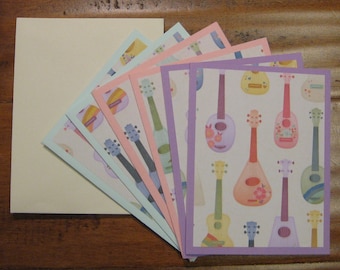 CLEARANCE Ukelele note card set of 6,Boxed blank notecard set,handmade note cards,notecards w/ envelopes, Chemo Gift, Back to school