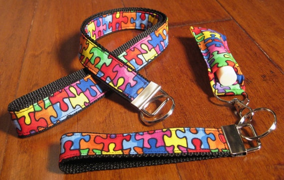 Autism Awareness Lanyard: Rainbow Puzzle Fabric Wristlet Key Fob