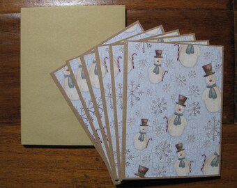 Snowman card set of 6, Boxed blank notecard set,handmade note cards, notecards w/envelopes,Vintage note cards, Stocking stuffer,Xmas gift