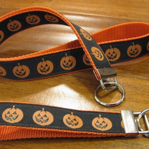 Jack-o-Lantern Lanyard: Halloween ID Badge Holder, Pumpkin Wristlet