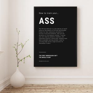 May include: Black framed print with white text that reads "How to train your... ASS". The text below describes the African wild ass. The bottom of the print reads "THE FIRST IMPRESSION ISN'T THE WHOLE STORY".