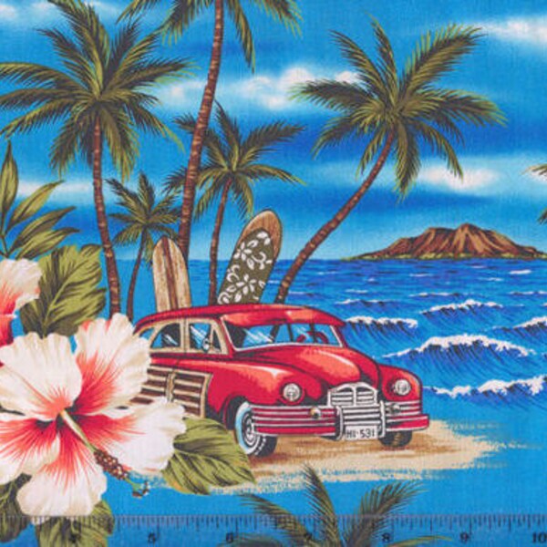 FQ Woodie on Hawaiian Beach Blue Quilt Sew Fabric