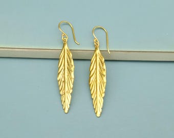 Gold Leaf Earrings, Brass Gold Leaf Dangle Earrings, Boho Nature Jewelry, Minimalist Botanical Earrings, Handmade Lightweight Gift for Her
