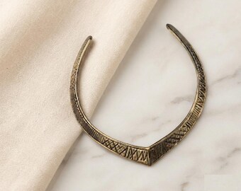 Tribal Brass Gold Choker Necklace, Ethnic Collar Necklace, Engraved Gold Neck Cuff, Boho Statement Choker, Handmade Brass Jewelry,