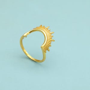 Gold Sunburst Crown Ring: Dainty Gold Plated Brass Stacking Band