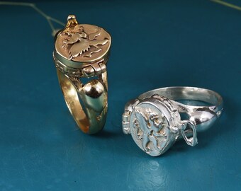 Poison Ring with Griffin Locket, Secret Compartment Ring, Brass Gold Silver Plated Ring, Gothic Fantasy Jewelry, Adjustable Statement Ring