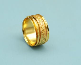 Gold Tone Brass Spinner Ring, Wide Band Engraved Fidget Meditation Ring