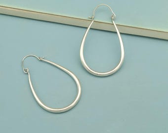 Brass Silver Finish Teardrop Hoop Earrings, Minimalist Silver Hoops, Lightweight Statement Earrings, Modern Everyday Jewelry, Gift for Her