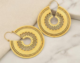 Gold Boho Hoop Earrings: Tribal Cutout Statement Jewelry