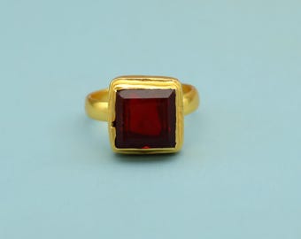 Gold Plated Garnet Ring: Square Gemstone Cocktail Ring