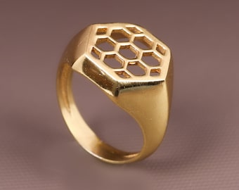 Gold Honeycomb Signet Ring, Geometric Bee Hive Jewelry