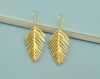 Gold Leaf Dangle Earrings, Boho Nature Inspired Brass Jewelry