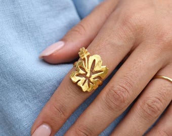 Gold Hibiscus Flower Ring: Handmade Brass Tropical Jewelry
