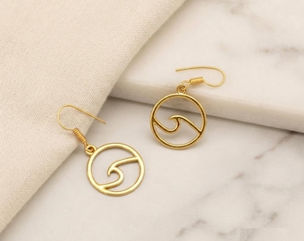 Gold Wave Dangle Earrings: Boho Beach Brass Circle Earrings