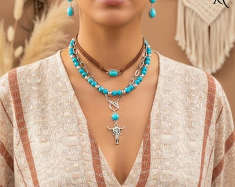 Western Cowboy Kette für Damen – Türkis Perlen Choker mit Kuhkopf Anhänger