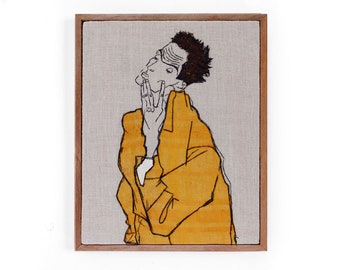 Egon Schiele Self-Portrait Embroidery Art / Hand embroidery / Wall Art / Framed Embroidery / 9 in. x 12 in / 24 cm x 32 cm / MADE TO ORDER