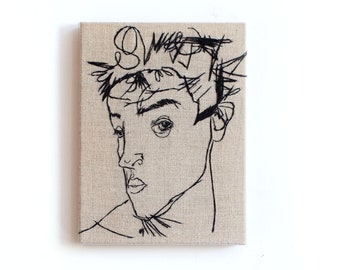 Egon Schiele Self-portrait Embroidery Art / Hand embroidery / Wall Art / Small Embroidery / 6 in. x 8 in / 15 cm x 20 cm