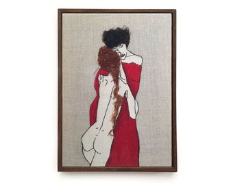 Egon Schiele Embroidery Art / Hand embroidery / Wall Art / Framed Embroidery / 9 in. x 12 in / 24 cm x 32 cm / MADE TO ORDER