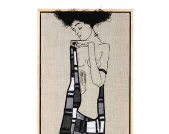 Egon Schiele Embroidery Art / Hand embroidery / Wall Art / Framed Embroidery / 9 in. x 16 in / 24 cm x 42 cm /MADE TO ORDER