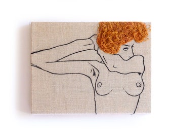 Egon Schiele Nude Embroidery Art / Hand embroidery / Wall Art / Small Embroidery / 6 in. x 8 in / 15 cm x 20 cm / MADE TO ORDER