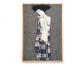 Egon Schiele Embroidery Art / Hand embroidery / Wall Art / Framed Embroidery / 9 in. x 12 in / 24 cm x 32 cm /MADE TO ORDER