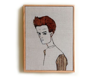 Egon Schiele Self-Portrait Embroidery Art / Hand embroidery / Wall Art / Framed Embroidery / 9 in. x 12 in / 24 cm x 32 cm / MADE TO ORDER