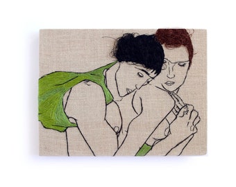 Egon Schiele Couple Embroidery Art / Hand embroidery / Wall Art / Small Embroidery / 6 in. x 8 in / 15 cm x 20 cm / MADE TO ORDER