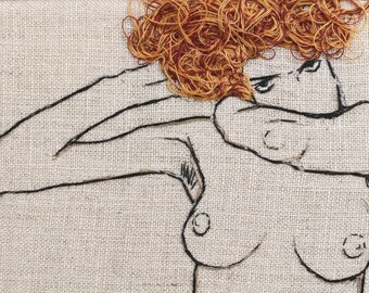 Egon Schiele Nude Embroidery Art / Hand embroidery / Wall Art / Framed Embroidery / 9 in. x 12 in / 24 cm x 32 cm / MADE TO ORDER