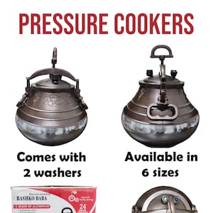 Peut inclure: Image de autocuiseurs avec le texte "PRESSURE COOKERS". Les autocuiseurs sont marron et argentés. L'image montre également une boîte avec le texte "RASHKO BABA" et "MADE OF ALUMINUM". Le texte "Comes with 2 washers" et "Available in 6 sizes" est également présent.