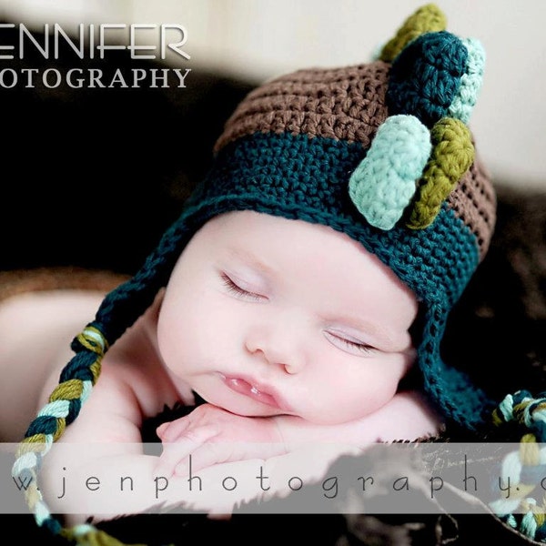 Baby Boy Crochet DINOSAUR Hat- Made to Order- Newborn-5T- Brown, Olive Green, Tourquoise, Light Tourquoise