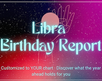May include: Digital download for a personalized Libra Birthday Report. The design features a cosmic background with a hand holding a sphere, and the words "Libra Birthday Report" in a glowing teal font. The text "Customized to YOUR chart" is also included.