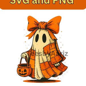 May include: A cartoon ghost illustration with an orange bow, holding a jack-o'-lantern bucket. The ghost is draped in a patchwork of orange and cream fabric. The image includes the text "SVG and PNG" at the top.