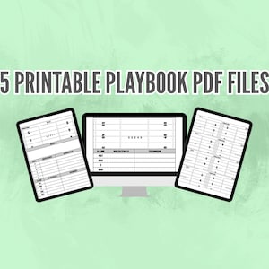 May include: Image shows a computer monitor and two tablets displaying playbook templates. The text "5 PRINTABLE PLAYBOOK PDF FILES" is at the top. The background is a light green watercolor texture.