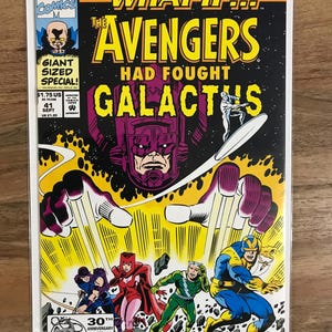 以下が含まれることがあります： 「What If...」のヴィンテージマーベルコミック。表紙には「The Avengers Had Fought Galactus」と書かれ、コミックのキャラクターがアクションを起こしている鮮やかなイラストが描かれています。太字のテキストとカラフルなデザインが特徴です。このコミックはGiant Sized Specialです。