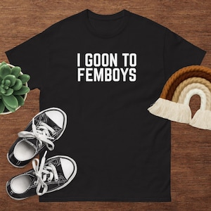 Puede incluir: Camiseta negra con el texto blanco "I GOON TO FEMBOYS". La imagen también incluye un par de zapatillas negras y blancas, una pequeña planta suculenta en maceta y un arcoíris decorativo.