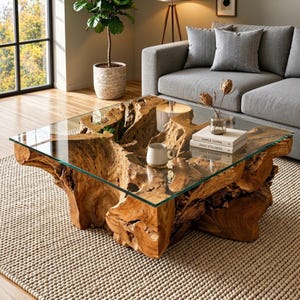 May include: A square coffee table featuring a thick glass top resting on a natural, raw wood root base. A white ceramic mug and a stack of two books titled Simple Living and Daily Stillness are placed on the glass surface, along with a small glass vase.