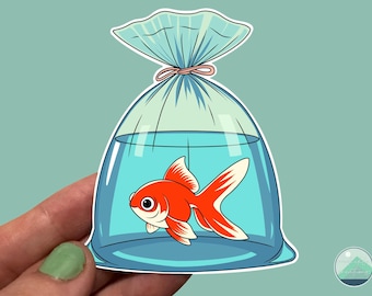 Hand-drawn Happy Goldfish in a Bag Water-resistant Sticker