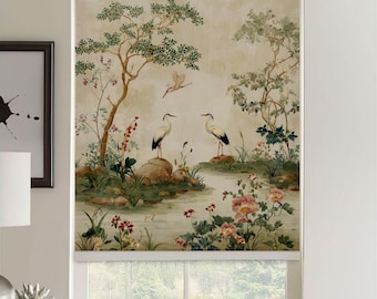 Chinoiserie and Floral Blackout Roller Blind: Custom Printed Window Shade